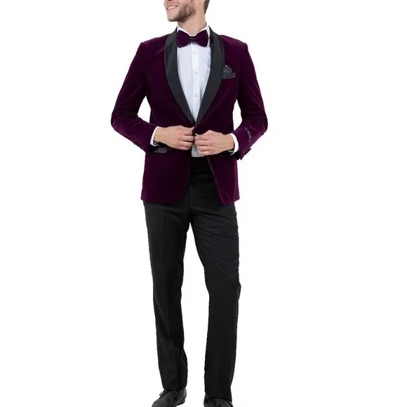 Purple Velvet Satin Shawl Collar Slim Fit Men's Jacket